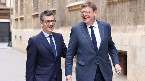 El ministro de la Presidencia, Relaciones con las Cortes y Memoria Democrtica, Flix Bolaos, y el presidente de la Generalitat, Ximo Puig, hoy, en Valencia. 