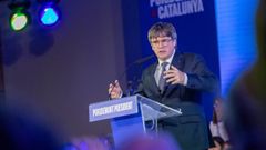 El cabeza de lista de Junts al 12M, Carles Puigdemont, en un mitin en Argels, Francia