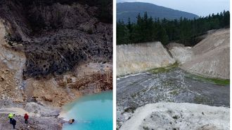 A la izquierda aguas de azul turquesa el pasado febrero; a la derecha estado actual de la balsa