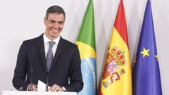 El presidente del Gobierno, Pedro S�nchez, en una rueda de prensa en Barcelona tras presidir la primera cumbre bilateral entre Espa�a y Brasil. 