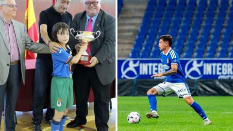 A la izquierda, Dieguito recibe el trofeo de campe�n de Espa�a benjam�n en 2015. A la derecha, Dieguito en un partido con el primer equipo del Real Oviedo