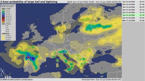Previsi�n del Laboratorio Europeo de Tormentas Severas (ESSL) para esta tarde