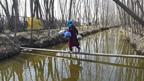 Una mujer camina po la aldea de Dalsipora, en India, cargando con bidones de agua