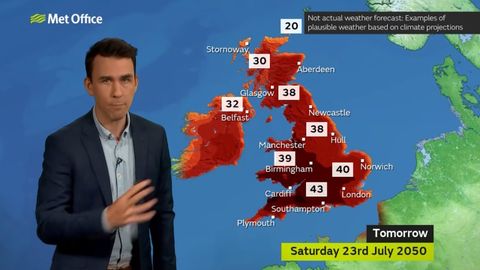 La previsi�n ficticia creada en el 2020 por la Met Office basada en modelos clim�ticos anunciaba 40 grados un d�a de julio del mediados de siglo, algo que sucedi� en el 2022.La previsi�n ficticia creada en el 2020 por la Met Office basada en modelos clim�ticos anunciaba 40 grados un d�a de julio del mediados de siglo, algo que sucedi� en el 2022