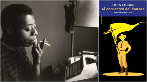 Baldwin, retratado en Estambul en 1966 con su m�quina de escribir. A la derecha, portada del libro �Al encuentro del hombre�.