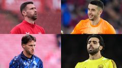 De izquierda a derecha y arriba a abajo, los candidatos a ocupar la porter�a de la selecci�n espa�ola: Unai Sim�n, Joan Garc�a, �lex Remiro y David Raya.