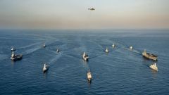 Imagen area de las fuerzas navales de EE.UU., Italia y Francia y sus buques de apoyo y escolta
