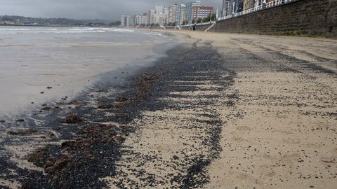 La playa de San Lorenzo ha amanecido este mircoles cubierta con carbn.