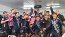 Los jugadores del Celta Fortuna, celebrando el triunfo sobre el Avil�s.