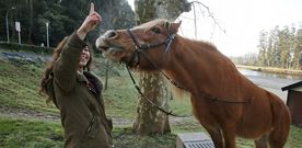 Irene Gefaell y su yegua «Sasha», ayer, en la playa fluvial del Lérez, en Pontevedra, donde su presencia no pasó desapercibida. 