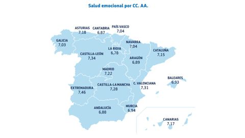 Mapa por comunidades aut�nomas y la valoraci�n de la salud emocional