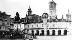 A Praza Maior no s�culo XIX coa fonte dos le�ns