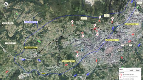 Mapa de situaci�n de las cuatro alternativas a la ronda norte de Oviedo