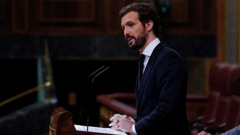 El lder del PP, Pablo Casado, durante su intervencin en el pleno del Congreso