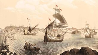 Litografía del XIX que representa la salida de la expedición de Loaysa desde el puerto de A Coruña.