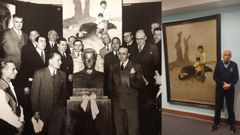 Foto tomada cando Castelao doou A derradeira leicin do mestre ao Centro Orensano de Buenos Aires (pdense aprezar o cadro e o busto de Alexandre Bveda).  dereita, Juan Carlos Gmez, o gardin de Castelao, posa co lenzo, retratado por Cecilia Valdez no Centro Galicia.