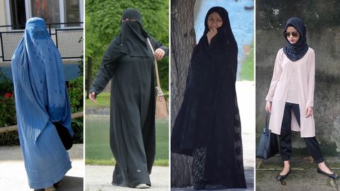 Velos integrales: burka y niqab (la primera y la segunda fotograf�a). Otras prendas que viste la mujer musulmana: chador y hijab
