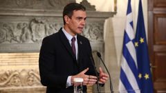 El presidente del Gobierno, Pedro S�nchez, en Atenas, tras su reuni�n con el primer ministro griego, Lyriacos Mitsotakis