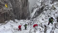 La Guardia Civil ha rescatado a dos montañeros, un padre y su hijo menor de edad, que quedaron atrapados en mitad de un temporal de nieve y fuerte ventisca en la canal de la Jenduda, en los Picos de Europa