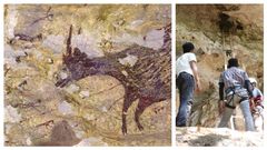 A la izquierda, el anoa, especie de b�falo peque�o t�pico de las islas C�lebes, protagoniza una de las pinturas. A la derecha, el equipo cient�fico, accediendo a la cueva Leang Bulu' Sipong 4