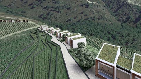 Recreaci�n virtual de las caba�as que est� previsto construir en el vi�edo que rodea la bodega Regina Viarum en Doade (Sober)