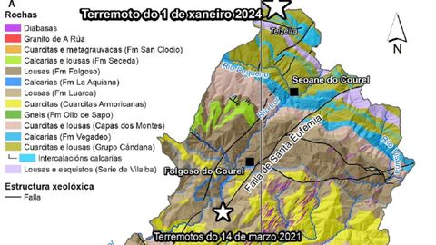 Un mapa publicado por el geoparque Montaas do Courel seala el epicentro del terremoto del pasado da 1 y el de otro que se produjo en Folgoso en marzo del 2021