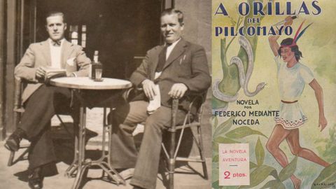 Federico Mediante y su hermano Jos, en 1930, sentados en la terraza del bar Mediante que Jos regentaba en la plaza de Espaa de Ribadeo. A la derecha, portada de la primera novela de aventuras que escribi, A orillas del Pilcomayo.