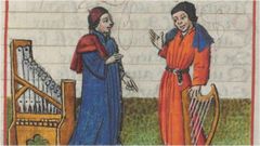 Os compositores franco-flamengos Guillaume Dufay e Gilles Binchois �nunha miniatura do manuscrito do poema �Le Champion des Dames�, de Martin le Franc (datado arredor de 1440), conservado na Biblioteca Nacional de Francia� posan cun organetto e unha arpa medievais