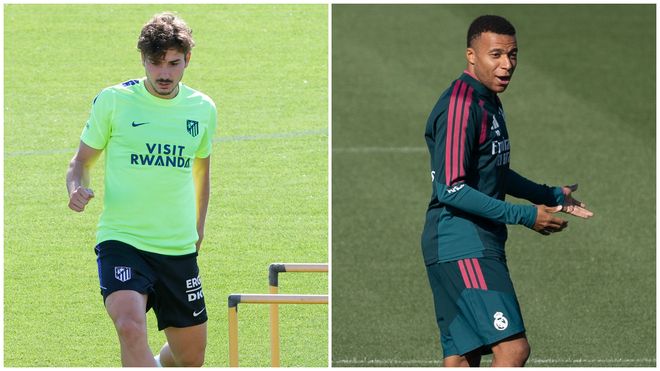 Juli�n �lvarez y Kylian Mbapp�, durante sus respectivas sesiones de entrenamiento previas al derbi entre el Atl�tico y el Real Madrid.