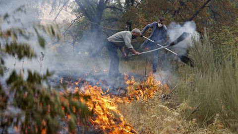 Vecinos de Pentes colaboran para que el fuego no cruce el camino que les separa de sus casas.