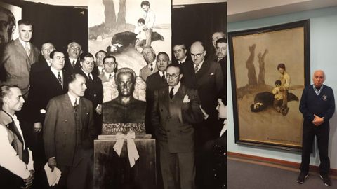 Foto tomada cando Castelao doou A derradeira leicin do mestre ao Centro Orensano de Buenos Aires (pdense aprezar o cadro e o busto de Alexandre Bveda).  dereita, Juan Carlos Gmez, o gardin de Castelao, posa co lenzo, retratado por Cecilia Valdez no Centro Galicia.