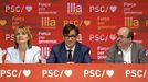 El candidato a la Generalitat por el PSC, Salvador Illa, el presidente del PSC, Miquel Iceta, y la vicesecretaria primera, Lisa Moret, el pasado lunes