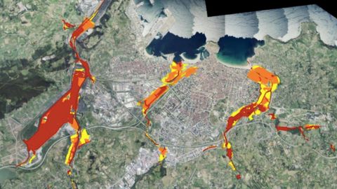 Grfico inundaciones Gijn, en rojo las reas como mayor peligro en los prximos 10 aos, segn el Observatorio de Sostenibilidad