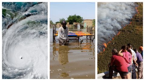 A la izquierda el hurac�n Melissa al sur de Jamaica. En el centro un hombre camina en una zona inundada al norte de Sud�n. A la derecha incendio en Larouco