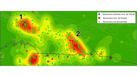 Los dos puntos de la costa asturiana (sealados como 1 y 2) que mayor nmero de terremotos submarinos registraron en el periodo analizado en 2019