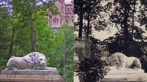 Uno de los leones de El Pasatiempo en Covadonga, y en su ubicacin original en Betanzos