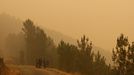 Unos vecinos, este sábado rodeados de humo en la carretera que da salida a Cereixido, Paradapiñol y Rugando hacia la N-120 y Quiroga