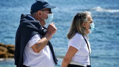 Una pareja pasea por Riazor protegida con mascarillas