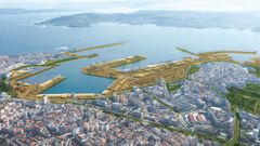 Imagen en la que se aprecia la superficie de actuacin por el proyecto Corua Martima en los muelles as como los corredores verdes que conectarn la zona con la malla urbanade la ciudad