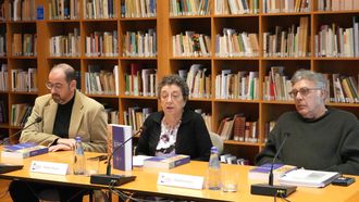 Henrique Monteagudo, Rosario &Aacute;lvarez e Rafael Loureiro, na presentaci&oacute;n dos traballos de frei Mart&iacute;n Sarmiento