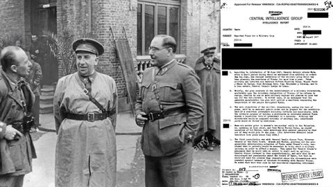 De izquierda a derecha: El coronel Martn Alonso, el general Orgaz y el coronel Aranda, en Oviedo al finalizar el cerco en 1937. A la derecha, uno de los documentos desclasificados de la CIA