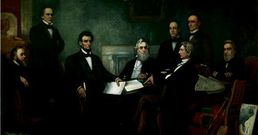 No cadro �Primeira lectura da proclamaci�n da emancipaci�n�, de Francis Bicknell Carpenter, o terceiro pola esquerda � Lincoln