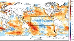 Mapa de las anomalas actuales en la temperatura del agua de la Tierra