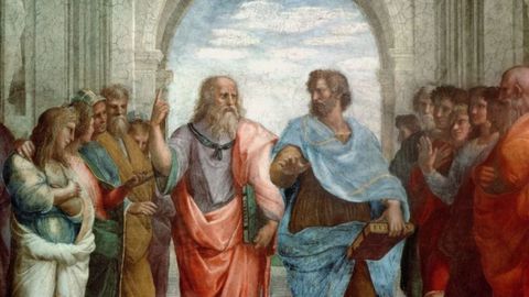 La obra,  La escuela de Atenas , de Rafael Sanzio, representa a Arist�teles a la derecha junto a Plat�n