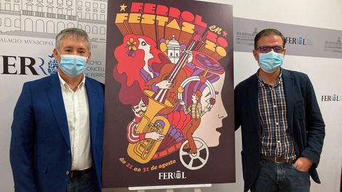 Antonio Golpe y ngel Mato, junto al cartel diseado por Mario Feal