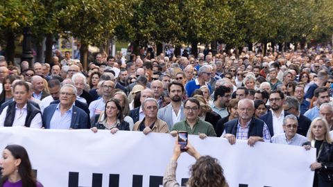 El presidente del PP de Asturias, �lvaro Queipo (c), durante la manifestaci�n en contra del peaje del Huerna, a 17 de octubre de 2025, en Oviedo, Principado de Asturias (Espa�a). Este viernes est� prevista la primera de las movilizaciones a las 17.30 horas, con salida desde la Estaci�n del Norte en Oviedo, en la calle Ur�a, hasta la Plaza de la Escandalera. La convoca la Alianza por las Infraestructuras, en la que se integra el Gobierno de Asturias, el resto de partidos pol�ticos asturianos y agentes sociales.