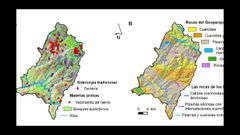 Dos mapas que forman parte de la base de datos del geoparque, uno de siderurgia tradicional ?izquierda? y otro de rocas y barrancos