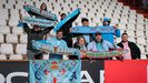 Un grupo de aficionados del Celta, en la grada visitante del Carlos Belmonte de Albacete.