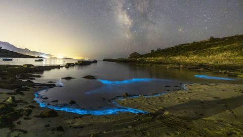 Mar de ardora en Caneli�as, Cee, con la V�a L�ctea.