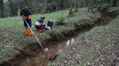 Dos trabajadoras de Cobre San Rafael analizan los valores del agua en la confluencia de Portapego y Laas